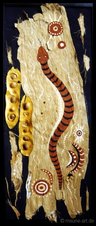 05 Der Pfad der Regenbogenschlange Acryl, Paintingstones und Saat auf Paperbark;
25 x 60 cm;
verkauft